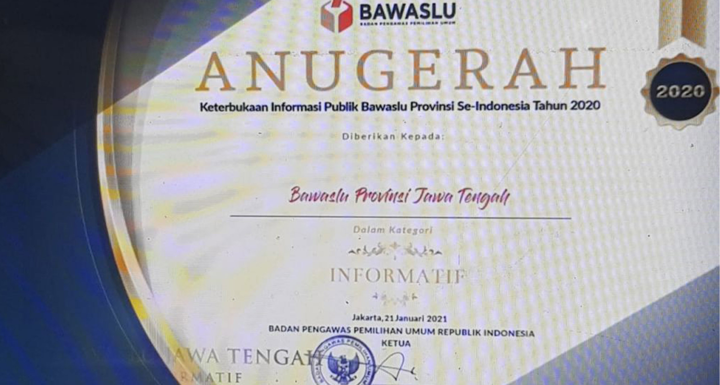 Bawaslu Jateng Raih Predikat Informatif dari Bawaslu RI